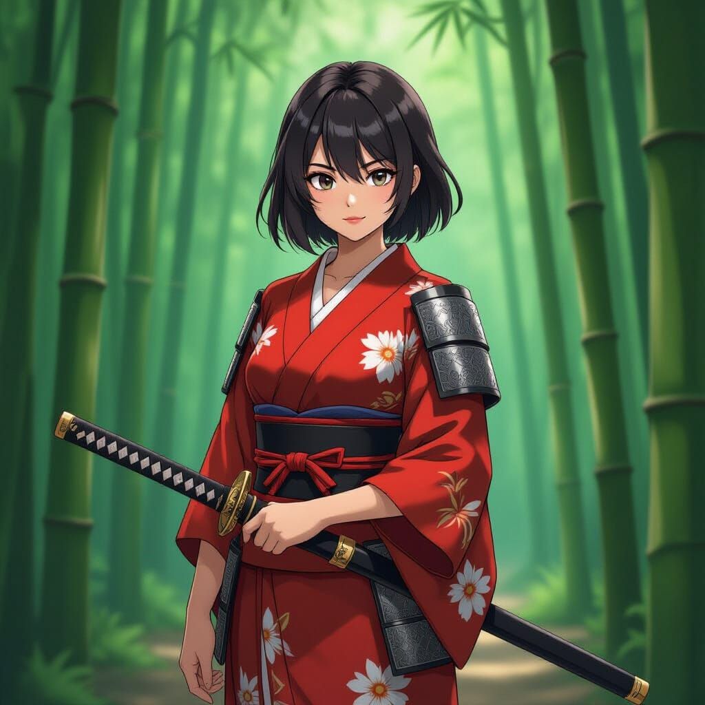 Anime Woman with Katana in Bamboo Forest