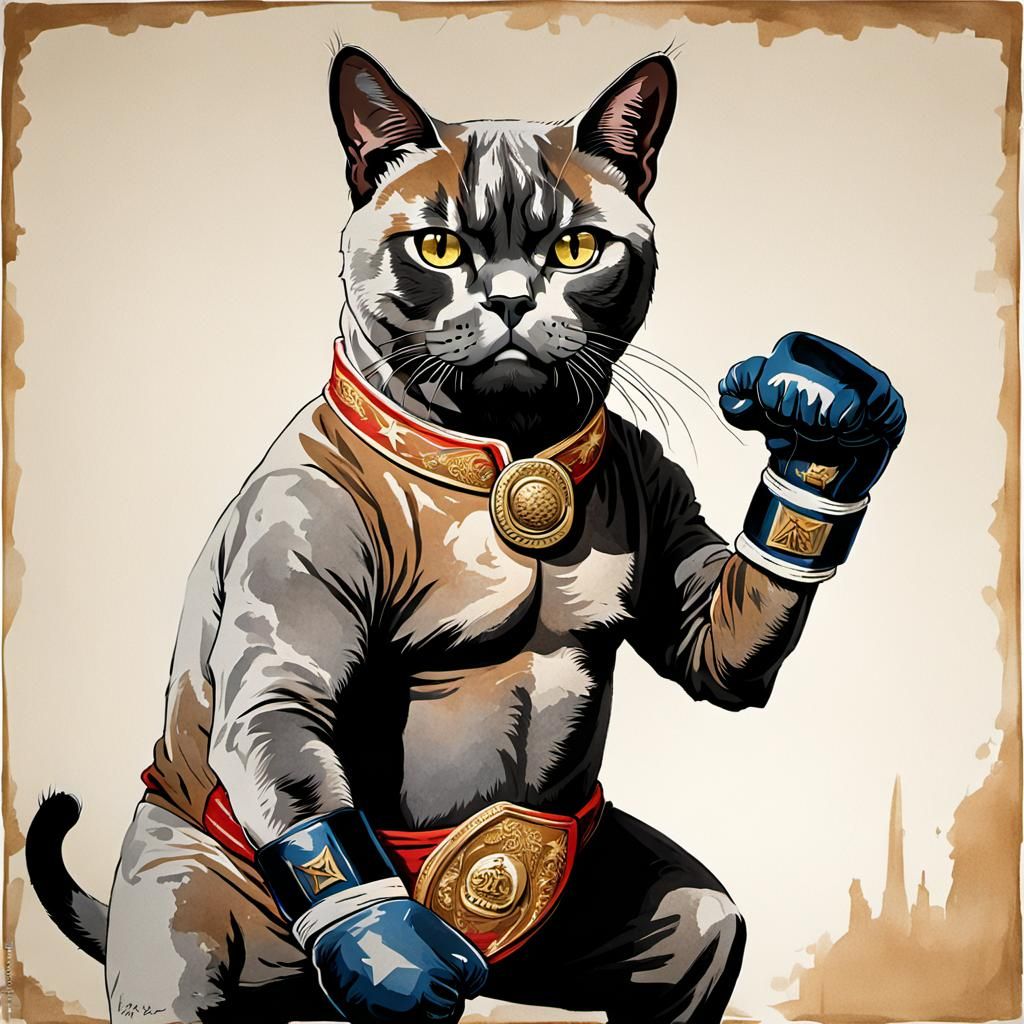Burmese Cat Boxer: Ink Portrait of a Champion
