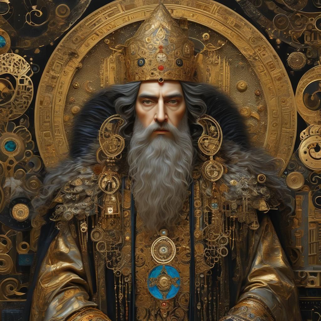 Symbolist Wizard Portrait with Gold Leaf Accents