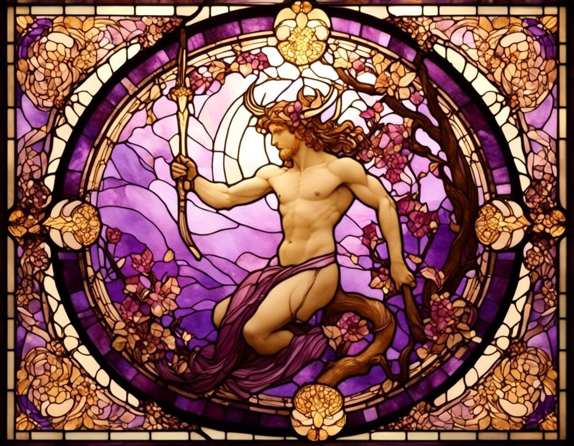 Mythological Satyr in Stained Glass Art Style