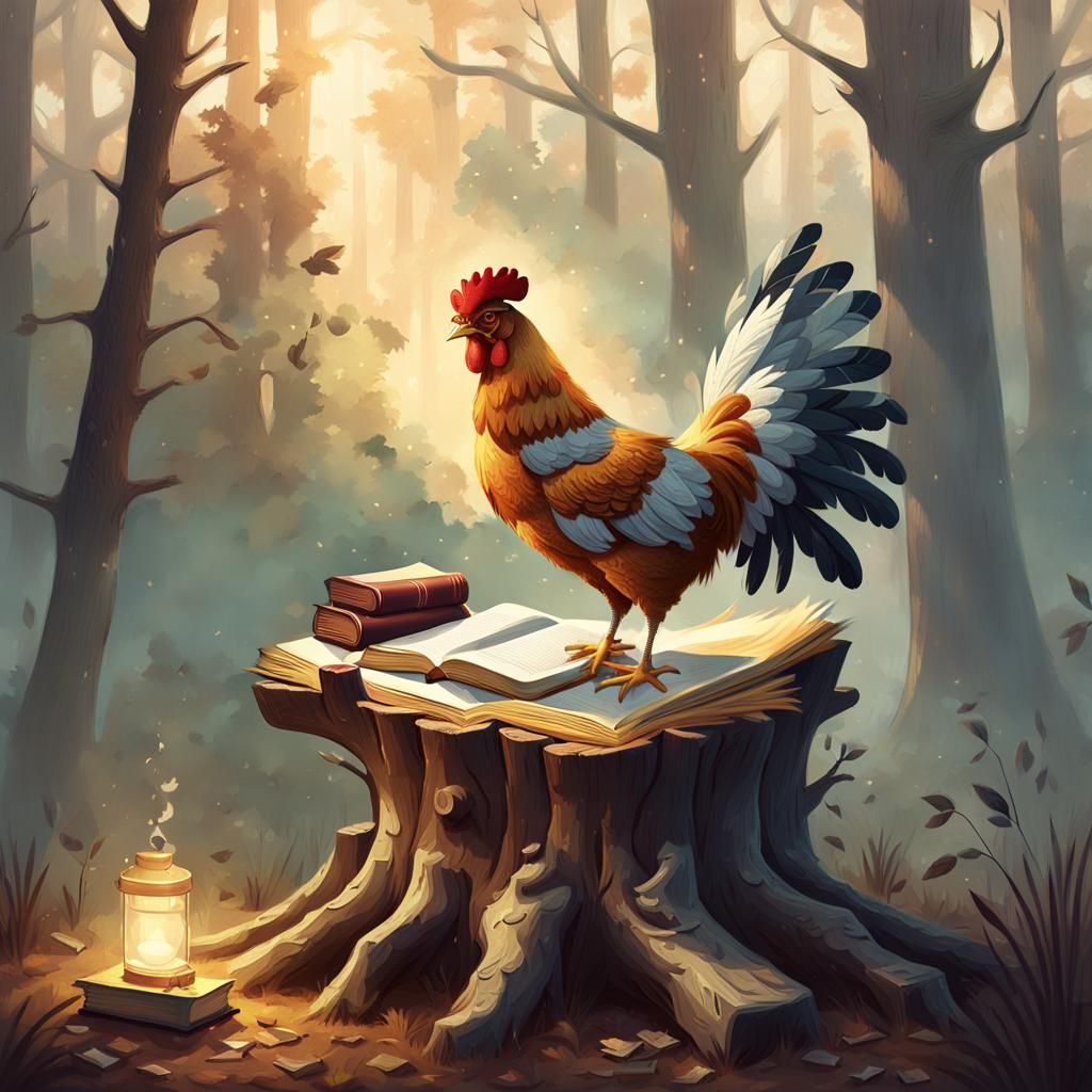 Wise Chicken Reading Book in Misty Forest