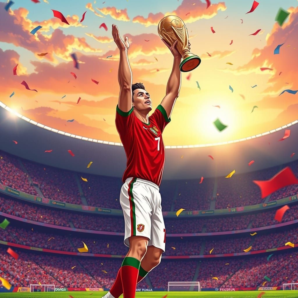 Cristiano Ronaldo Triumphs with World Cup in Vibrant Stadium...