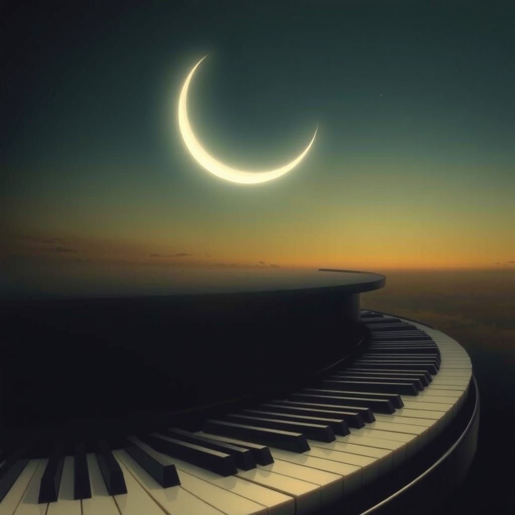 Ethereal Crescent Moon Sails Above Grand Piano