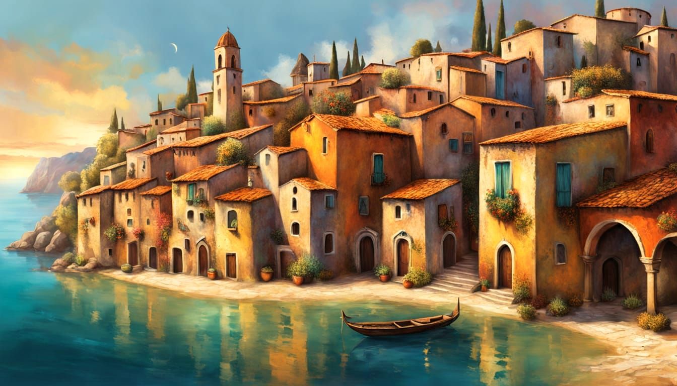 Italian Seaside Village Digital Painting
