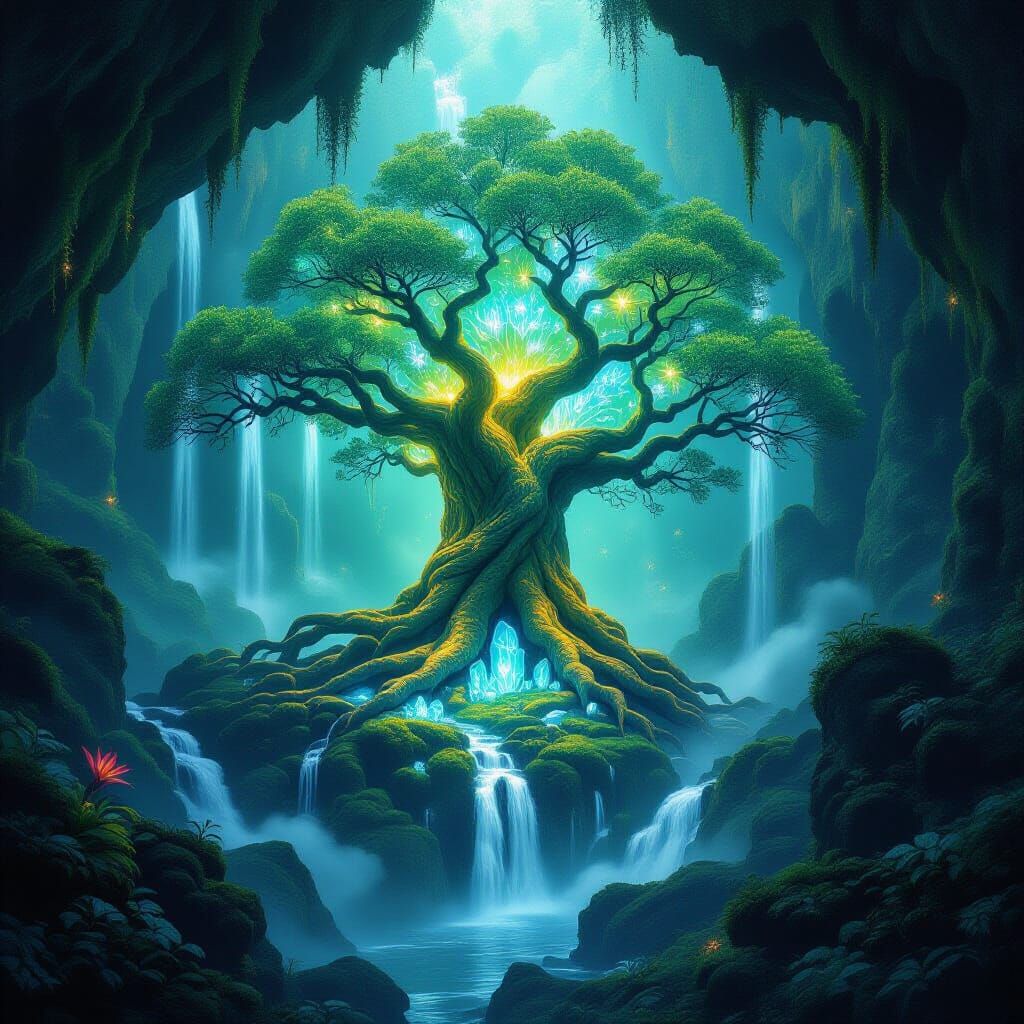 Ancient Bioluminescent Tree in Crystal Cavern