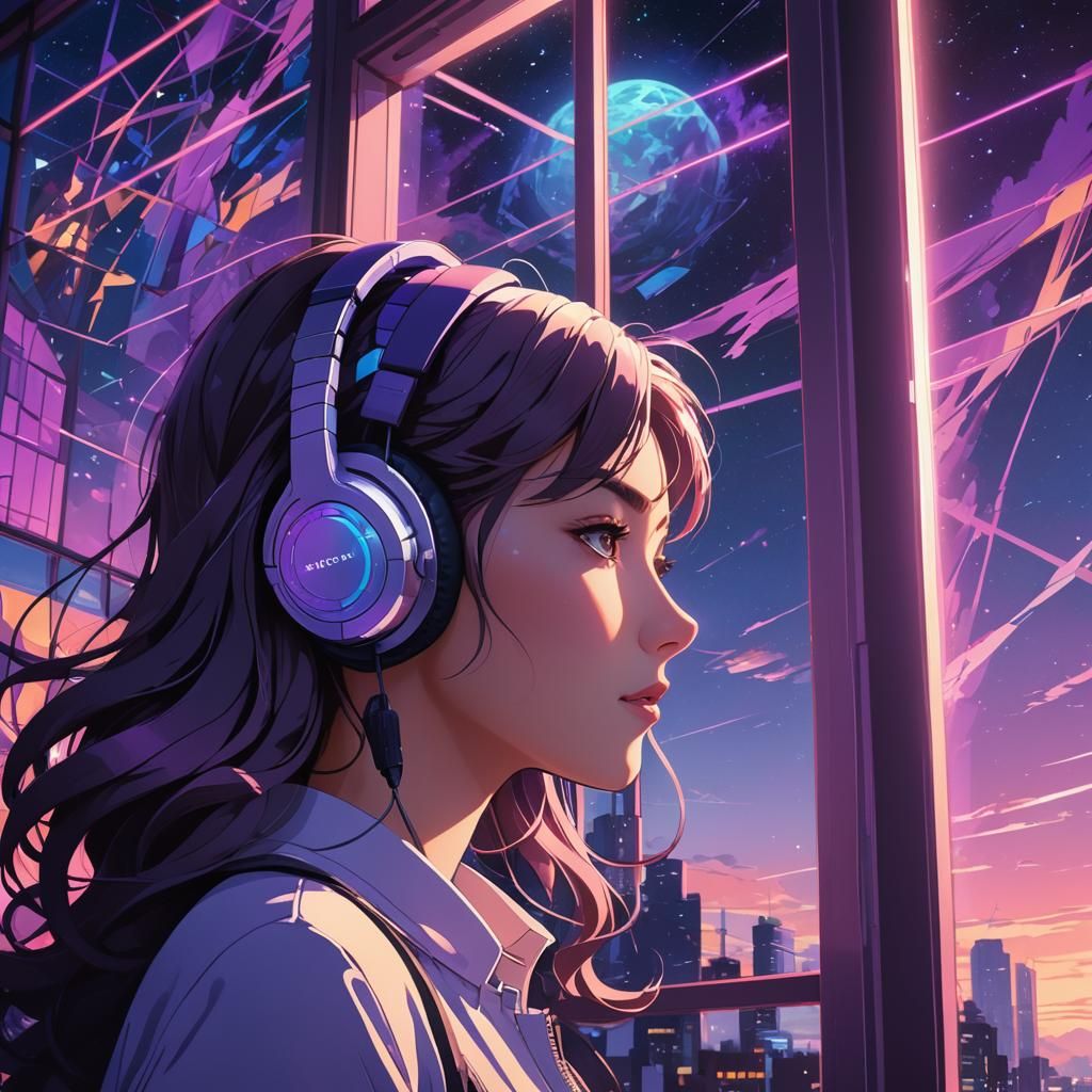 Lofi Girl Watching Comet in Futuristic Anime Style