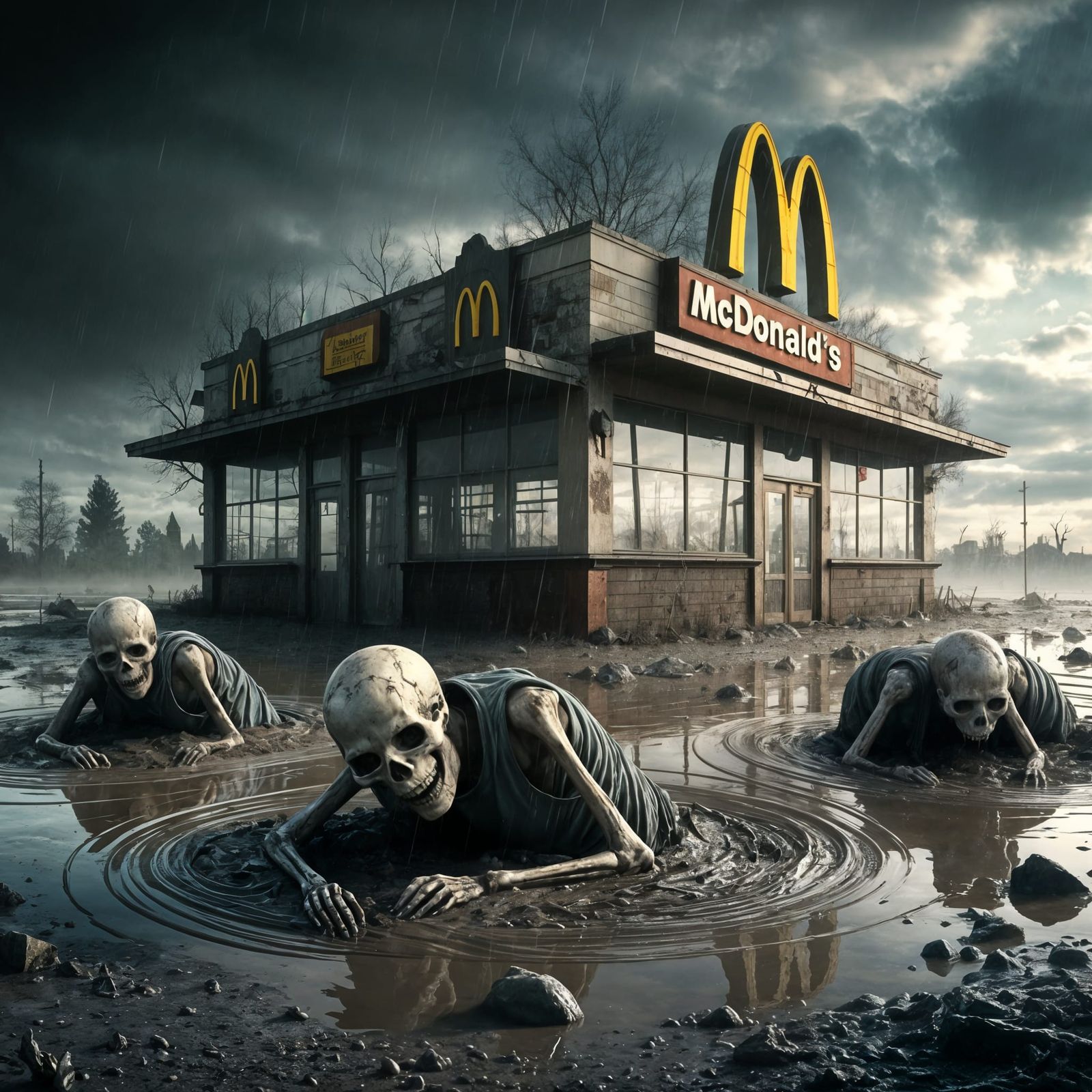 Abandoned McDonald's in a Bleak Post-Apocalyptic Landscape
