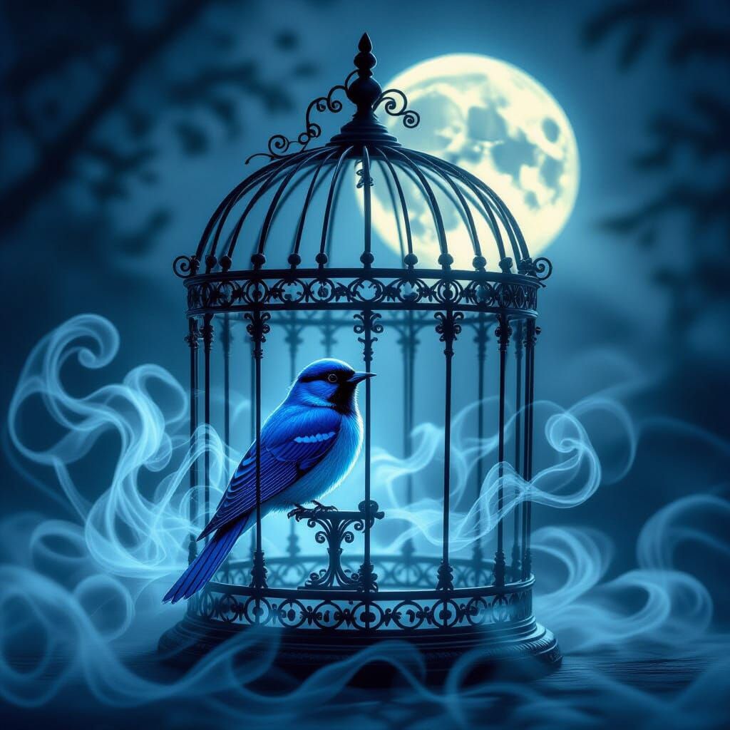 Ethereal Birdcage with Sapphire Songbird in Moonlight