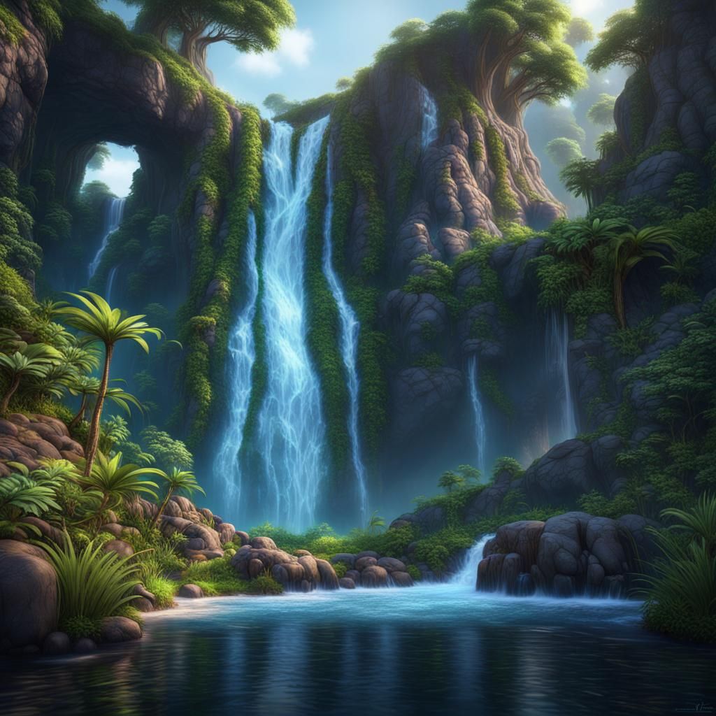 Lush Fantasy Waterfall Scene in Detailed Matte Painting