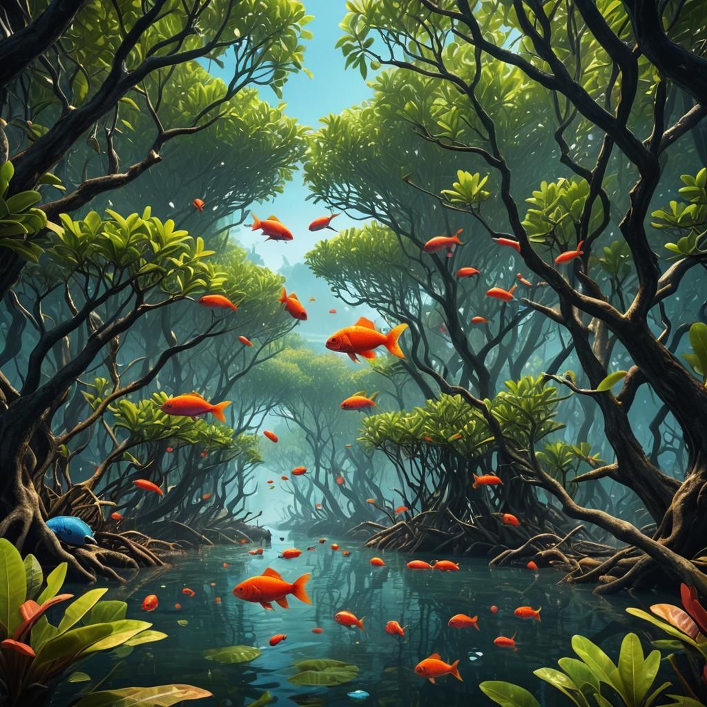 Surreal Mangrove Forest with Vibrant Fish