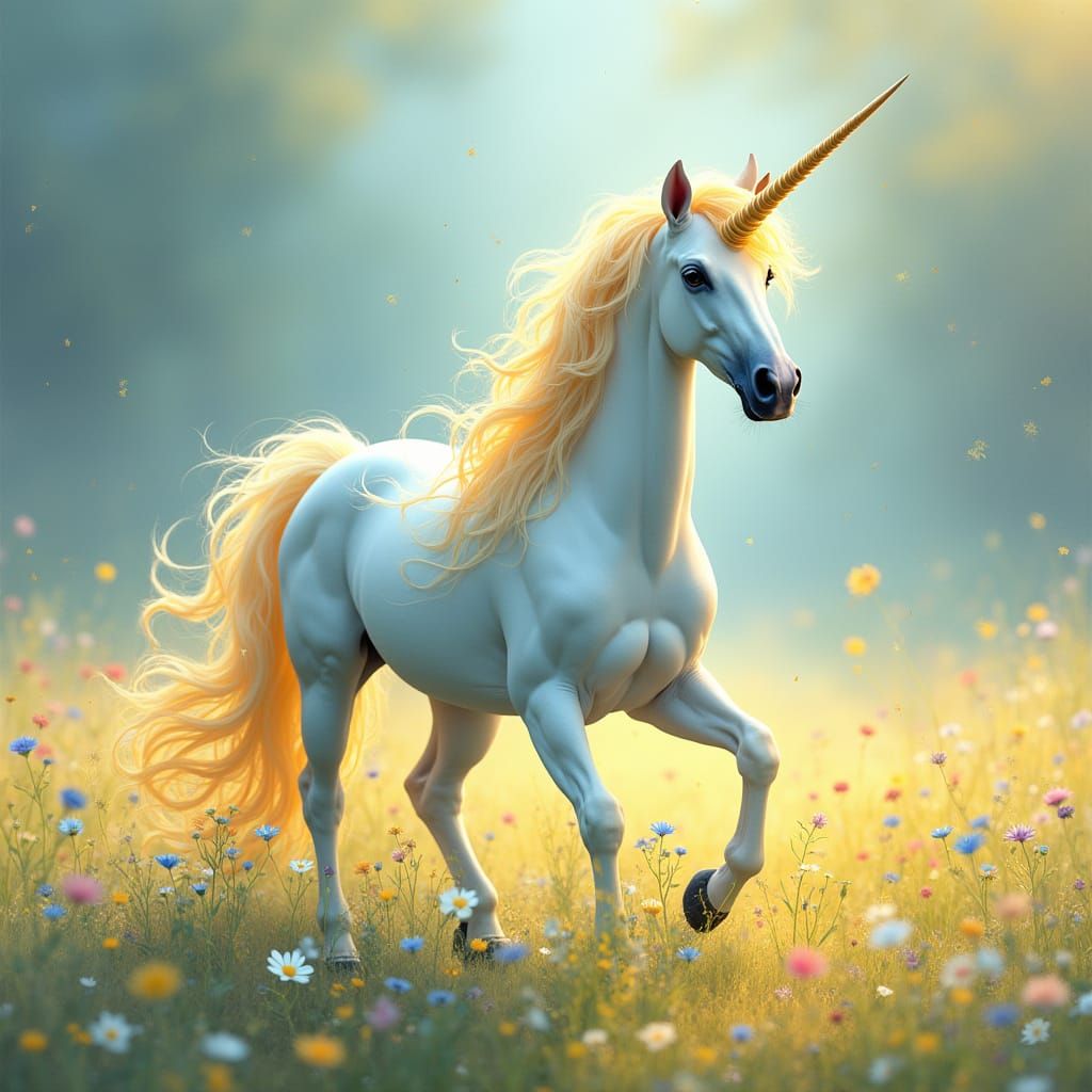 Ethereal Unicorn in Vibrant Art Nouveau-Inspired Meadow