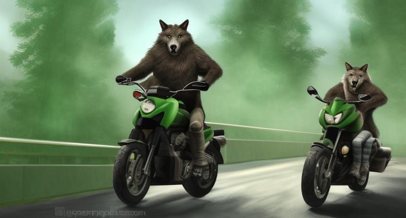 Green Warrior Wolf on Motorcycle, Realistic 8K