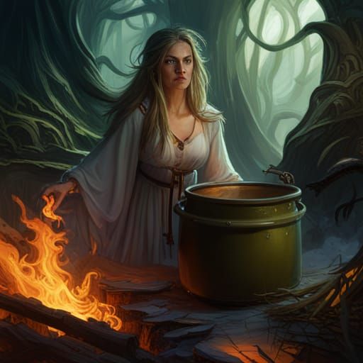 Witch in Forest with Cauldron: Dark Fantasy Art