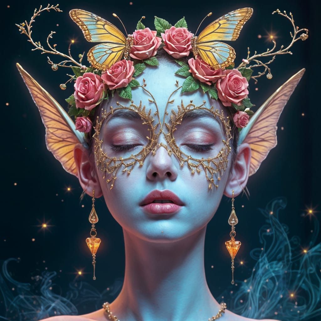 Surreal Woman with Butterflies and Roses, Astral Illustratio...