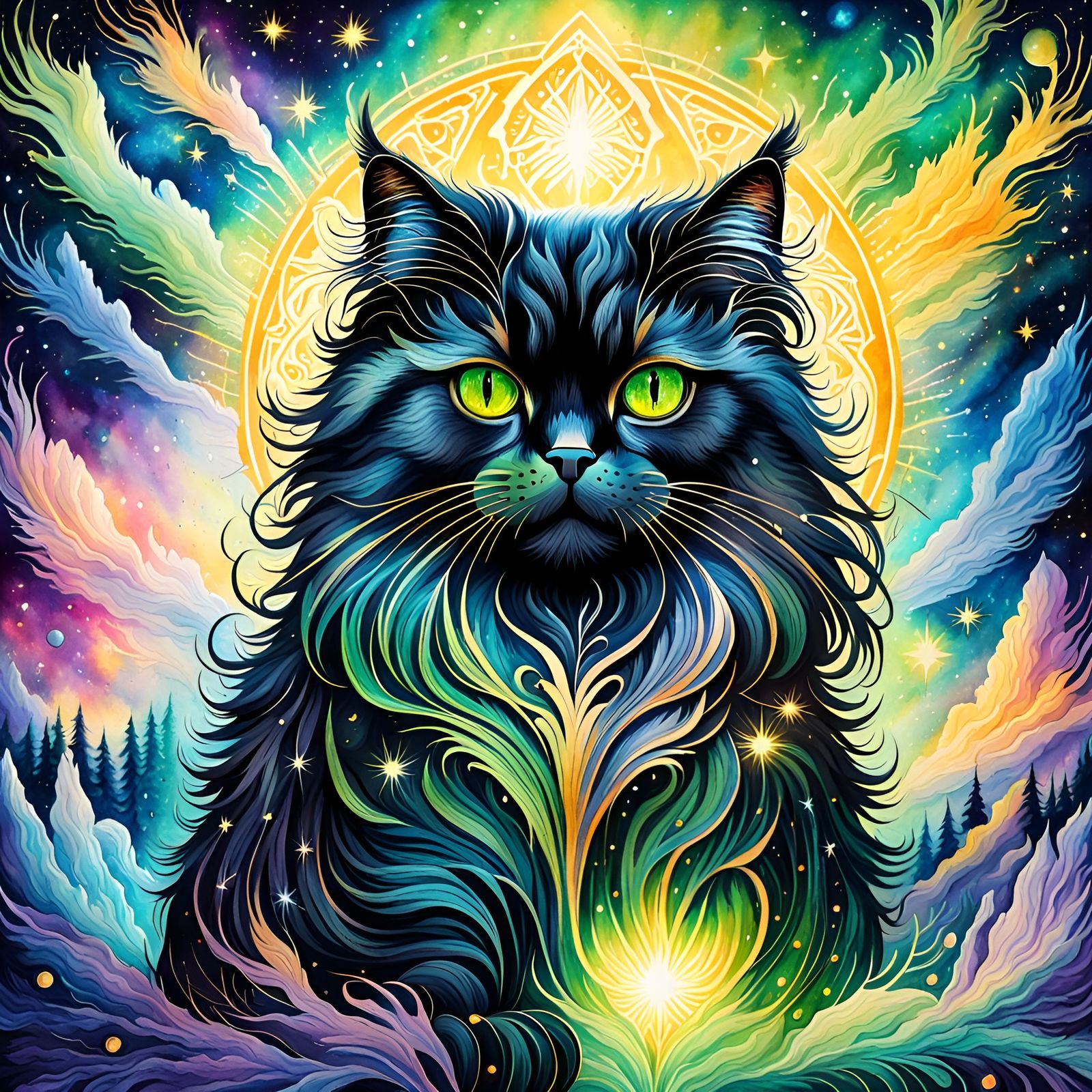 Watercolor Persian Cat in Space Art