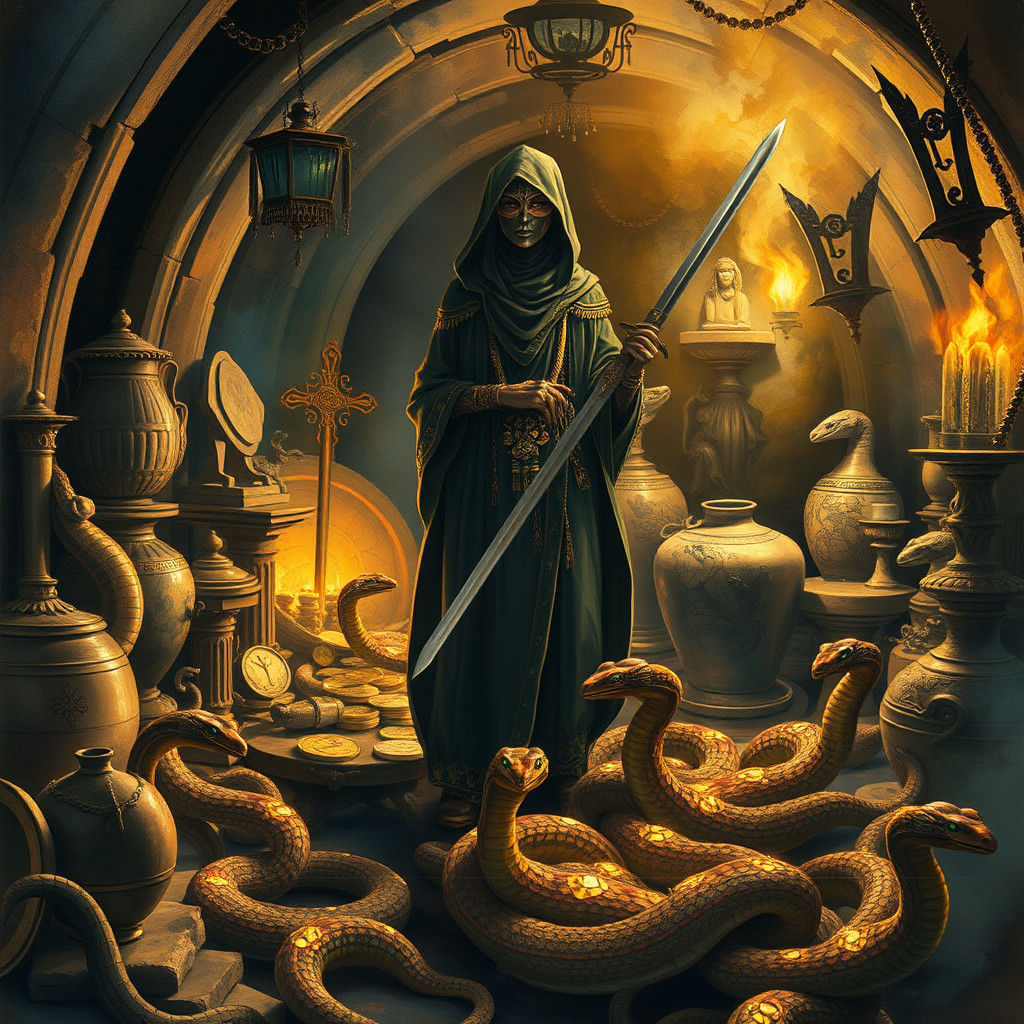 Tomb Raider and Cobras in Antique Vault, Watercolor