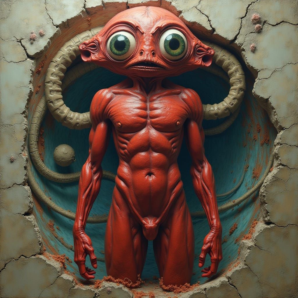 Surreal anatomical figure, red musculature,