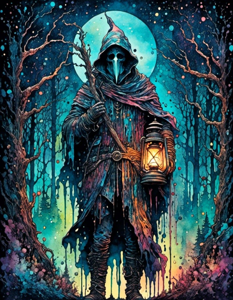 Heavyset Traveler in Galaxy Night Forest: Inkpunk Style