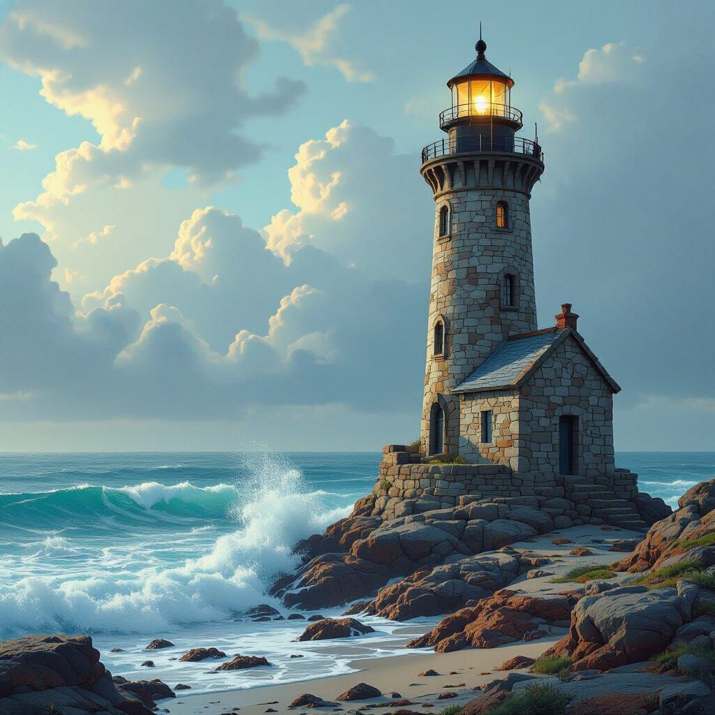 Majestic Lighthouse on Rocky Coast: Matte Painting Style