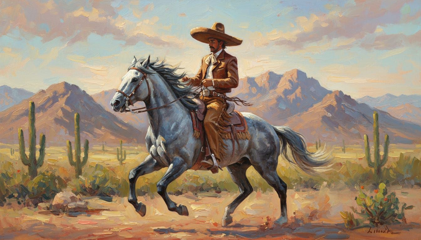 Impressionistic Vaquero Rides Horse Through Mexican Mountain...