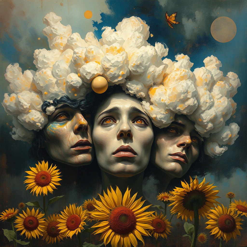 Surreal Faces Under Impasto Clouds in Expressionist Style