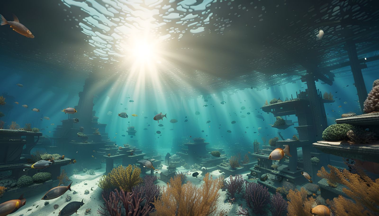8k VRay Unreal Engine 5 underwater view from under the sea seascape sunshine rays beautiful futuristic sunken ruins of s...