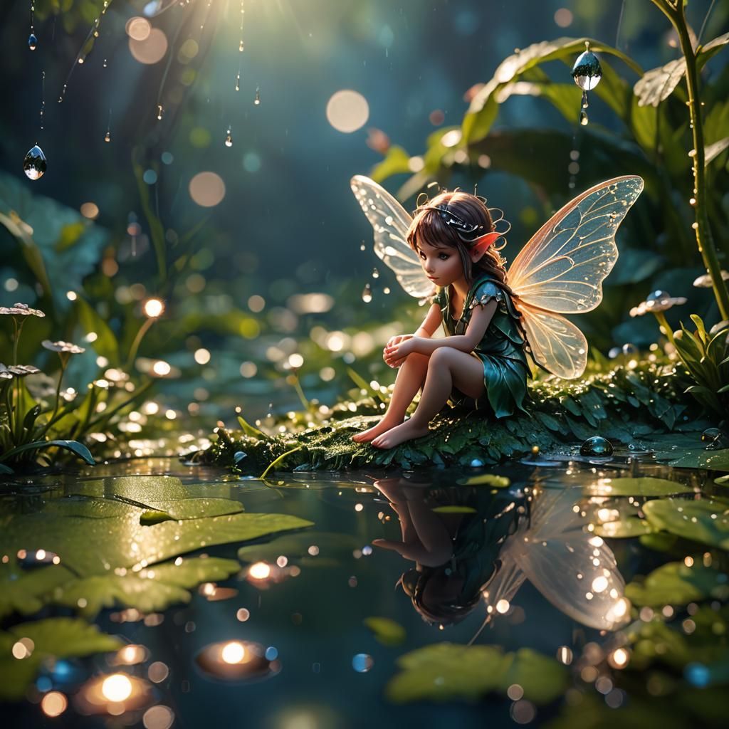 Macro Photo of Tiny Fairy with Dewdrops