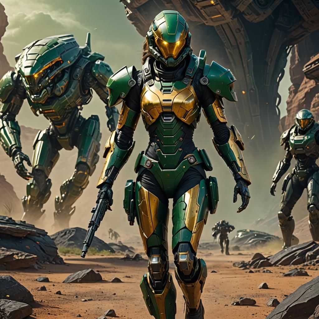 Armored Girl on Alien Planet in Detailed Matte Painting