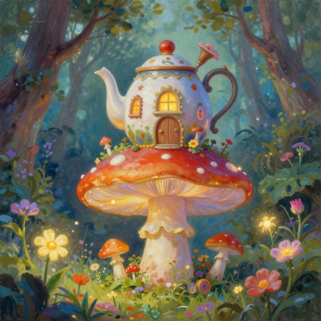 Whimsical Teapot House on Glowing Mushroom