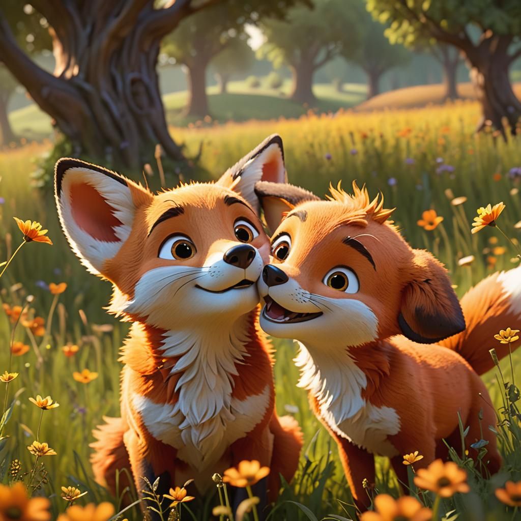 Playful Fox and Pup in Disney Animation Style