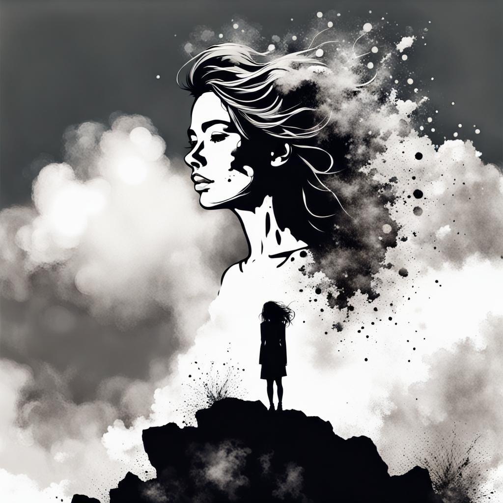 Ink Splatter Portrait of Woman on Rock