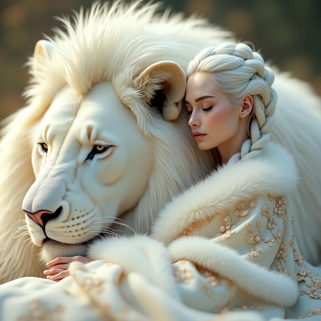 Serene Woman with White Lion in Dreamlike Scene