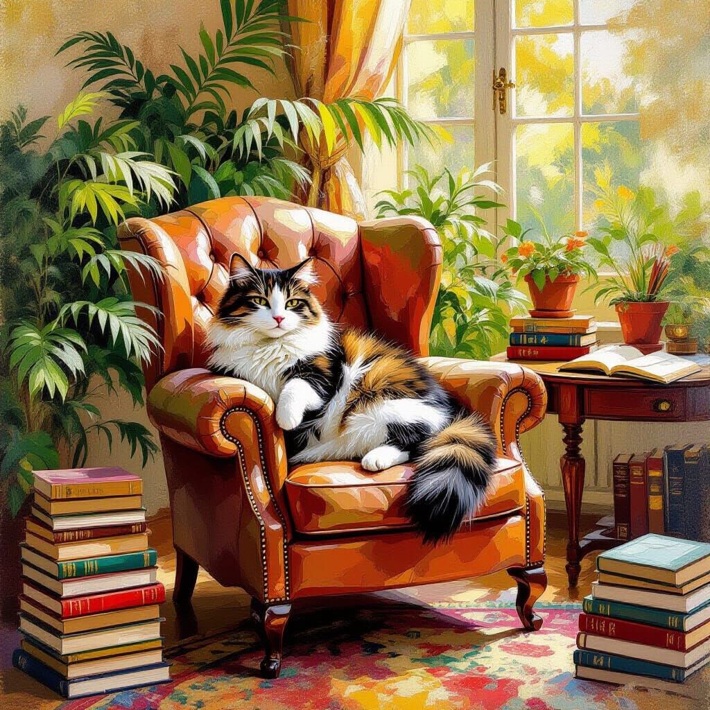 Millennial Cat Enjoys Cozy Workspace in Impressionist Style