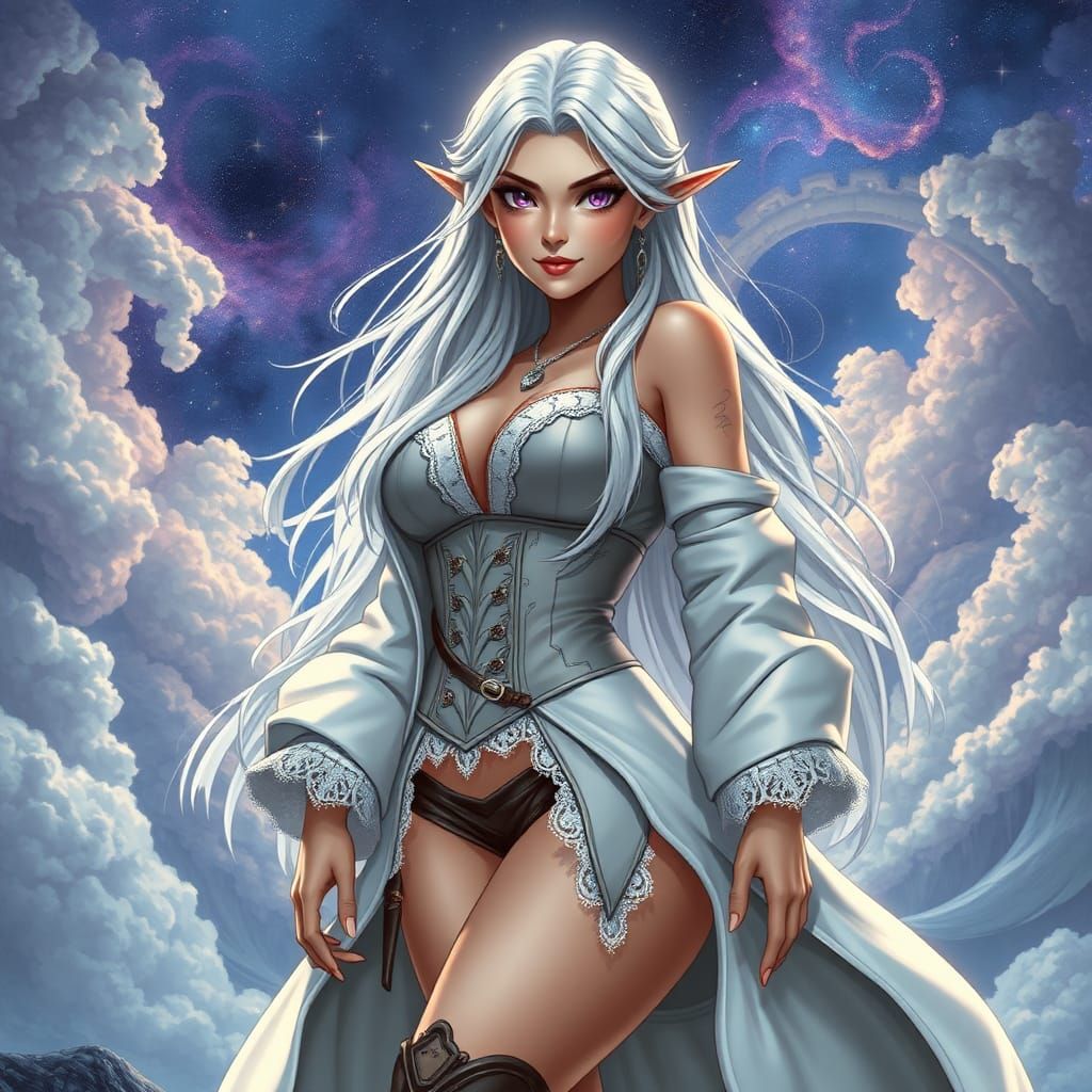 Anime Elf Pirate Queen in Mystical Galaxy