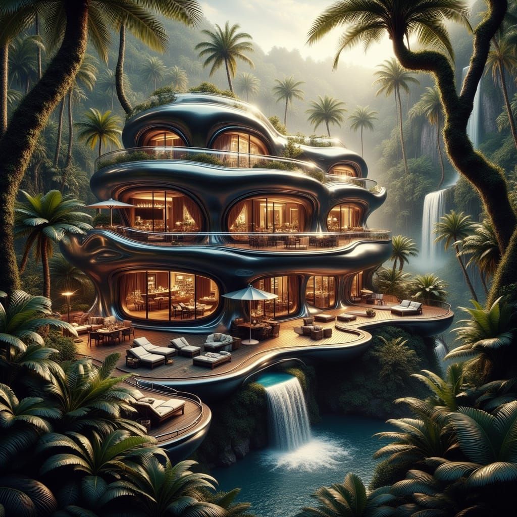 Futuristic Jungle Hotel at Dusk