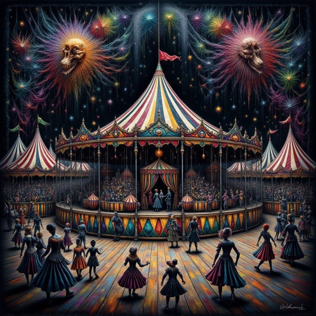 Circus Style Amusement Park Painting with Rainbow