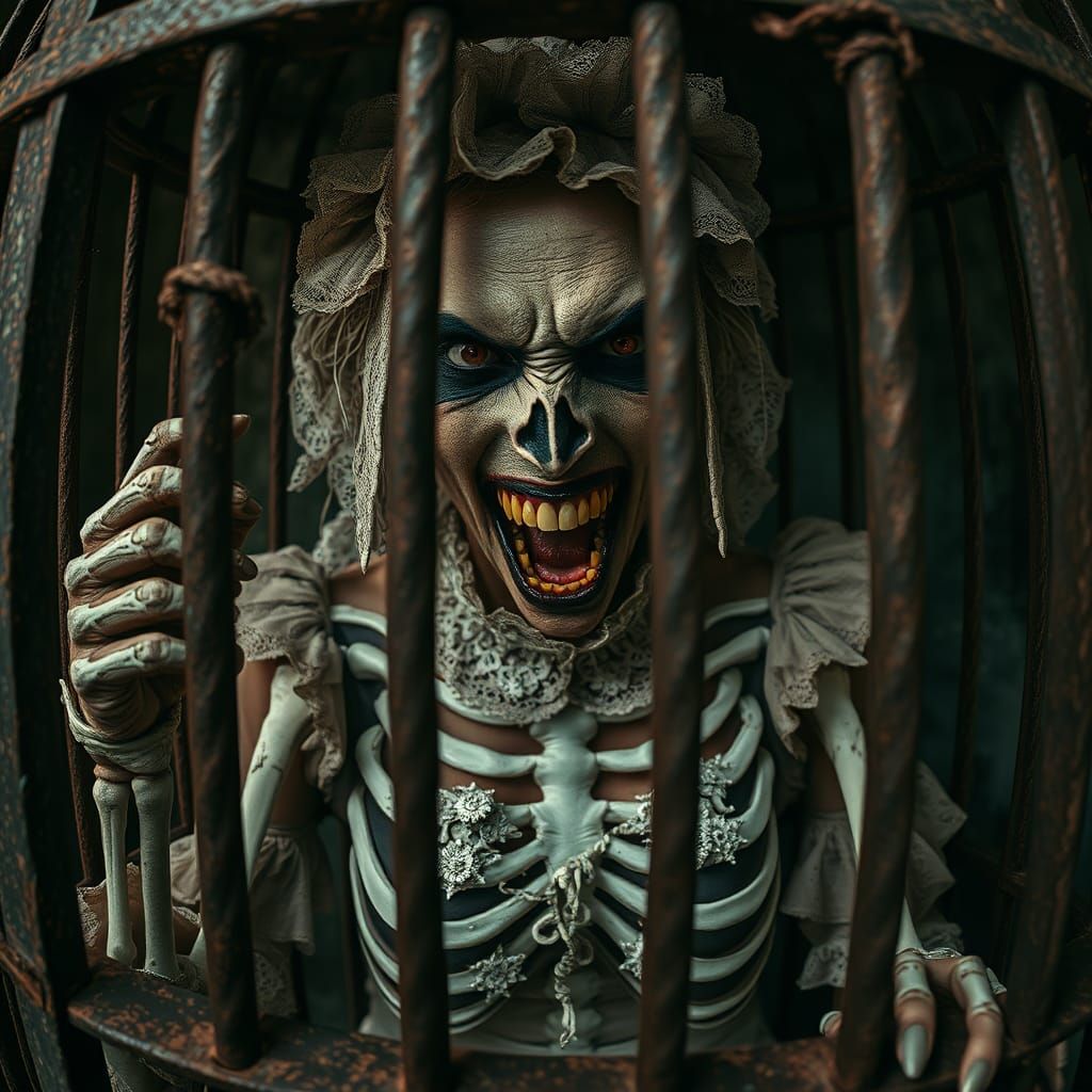 Victorian Skeleton in Rusty Cage: Fine Art Horror