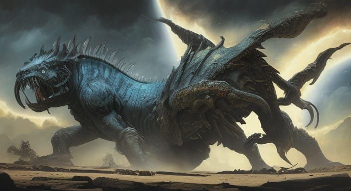 Warrior Battles Giant Scorpion in Ancient Ruins, Retro Sci-F...