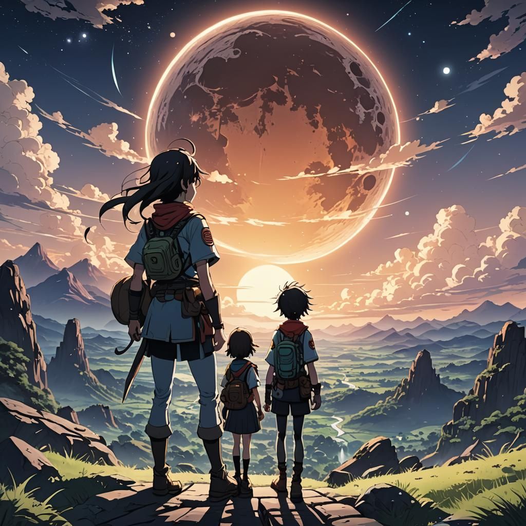 Anime Landscape with Two Moons and Sun