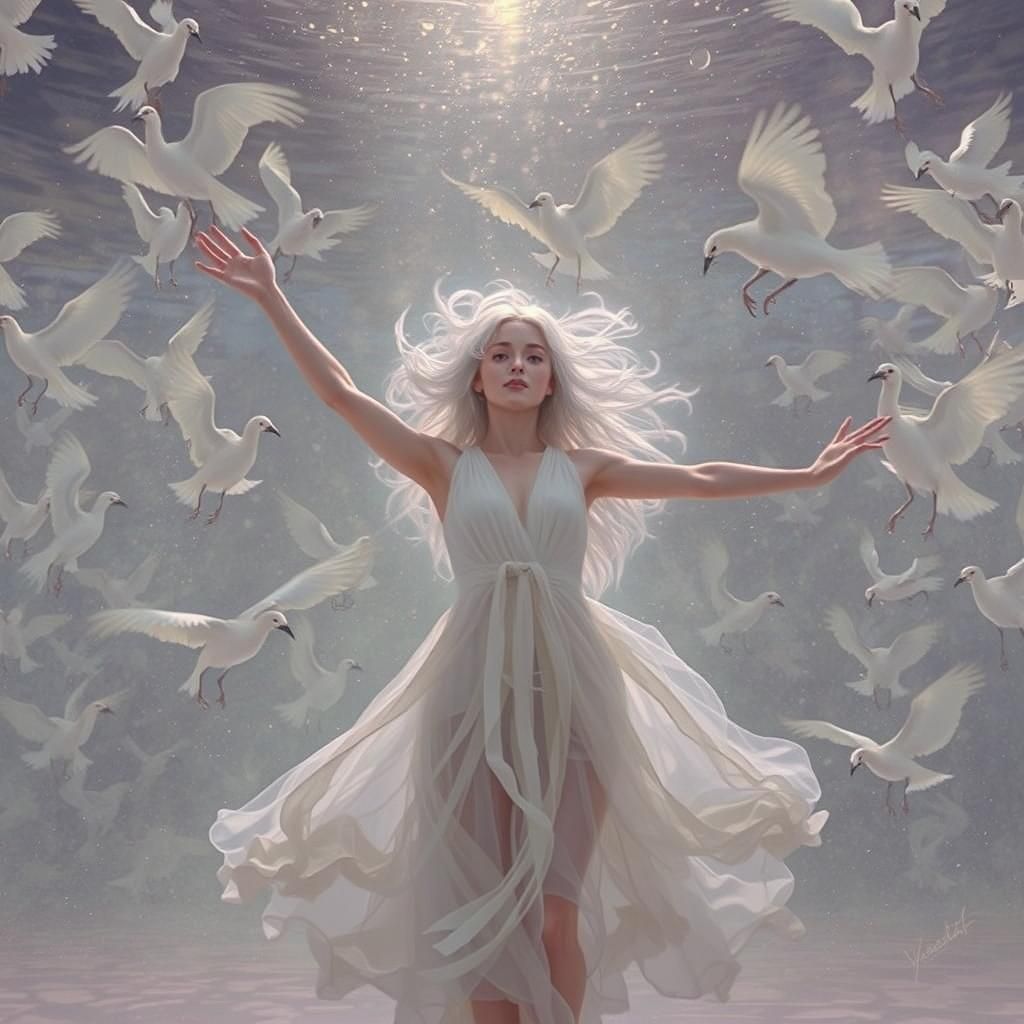Ethereal Girl Dancing with Phoenixes Underwater