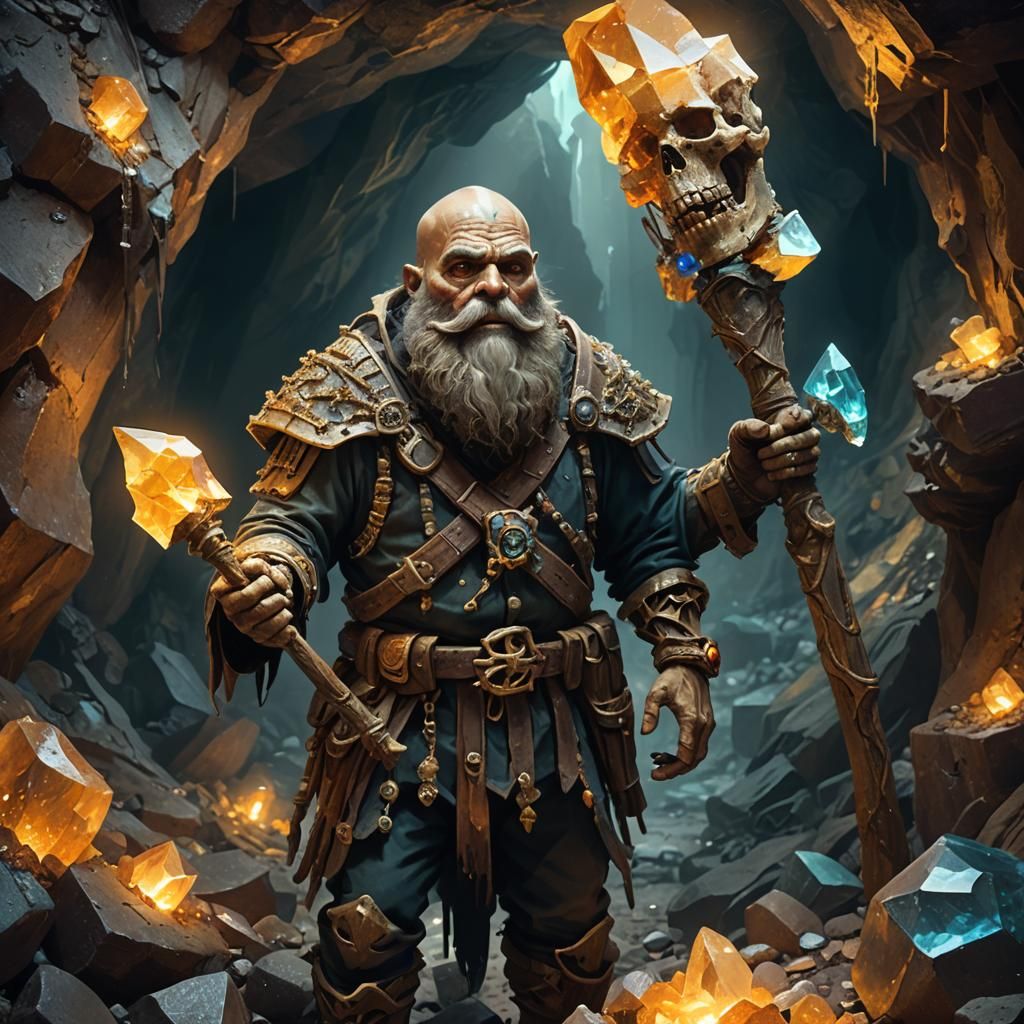 Skeleton Dwarf Miner Crystal Mining in Matte Painting