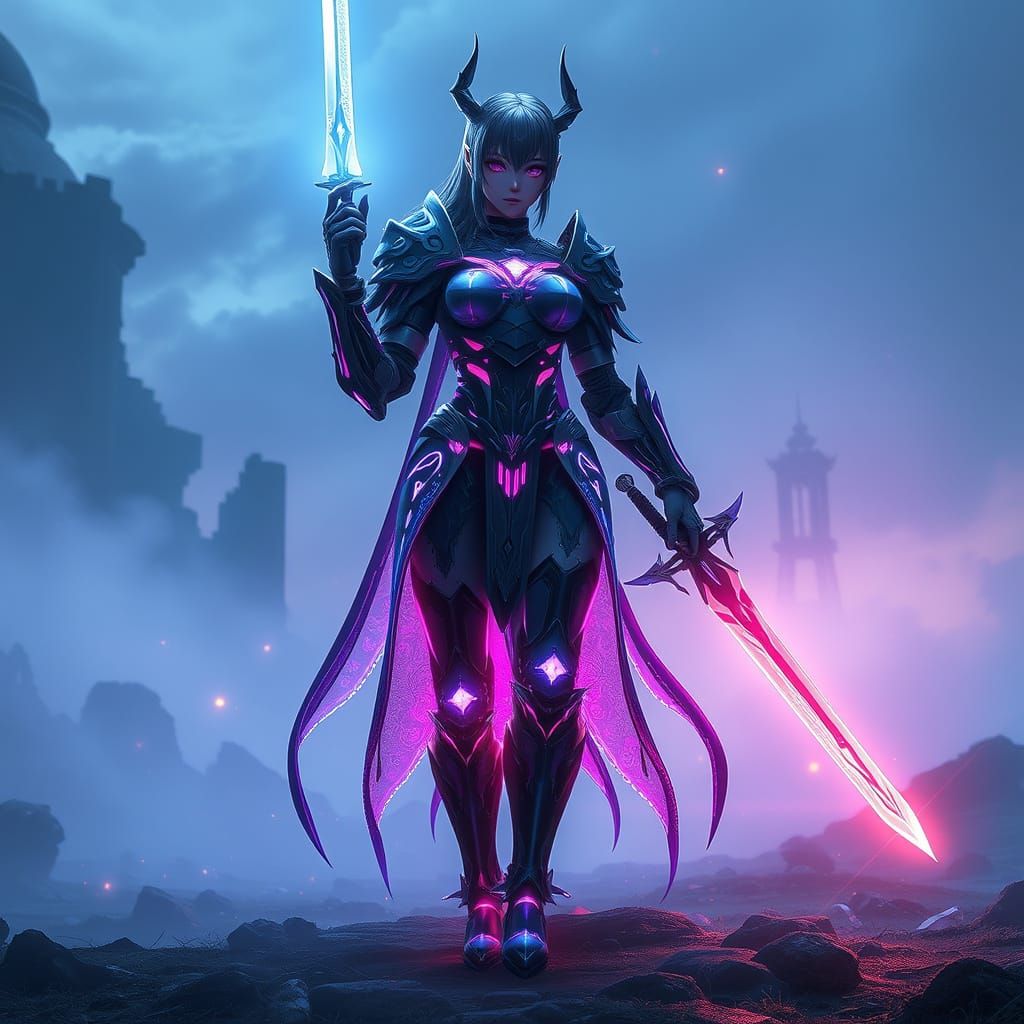 Cybernetic Knight on Misty Battlefield in 3D Anime Art