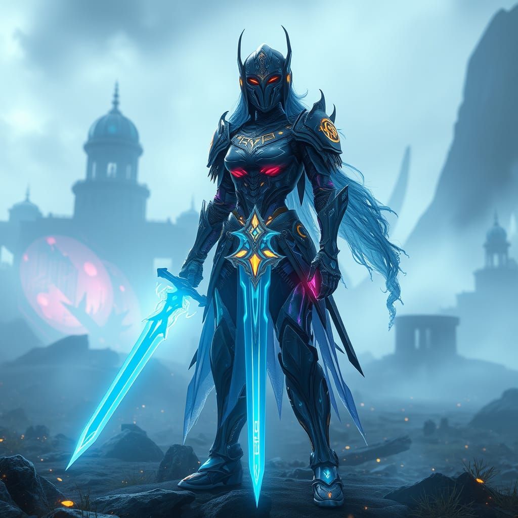 Cybernetic Knight on Misty Battlefield in 3D Anime Style