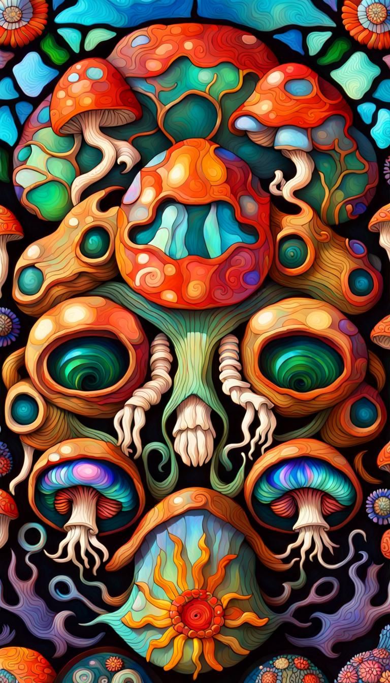Surreal Mushrooms with Crab Claws in Art Nouveau Style