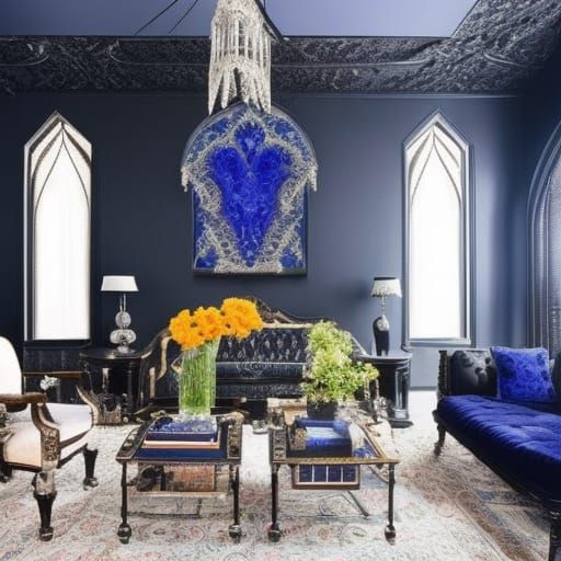 Gothic penthouse apartment with Black walls& cobalt blue frames& cobalt blue Gothic furniture& elegant indigo gothic rug...