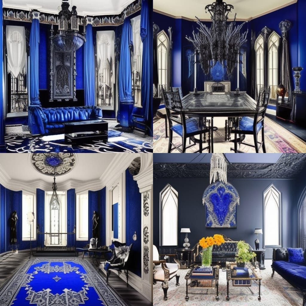 Gothic penthouse apartment with Black walls& cobalt blue frames& cobalt blue Gothic furniture& elegant indigo gothic rug...