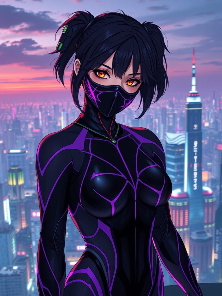 Futuristic Heroine Posing Atop Neo-Tokyo Skyline