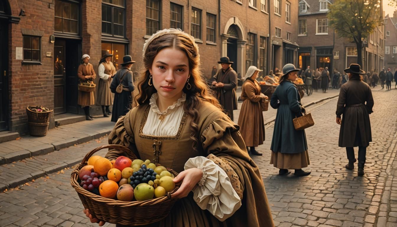 17th Century Woman with Fruit Basket as Dutch Master