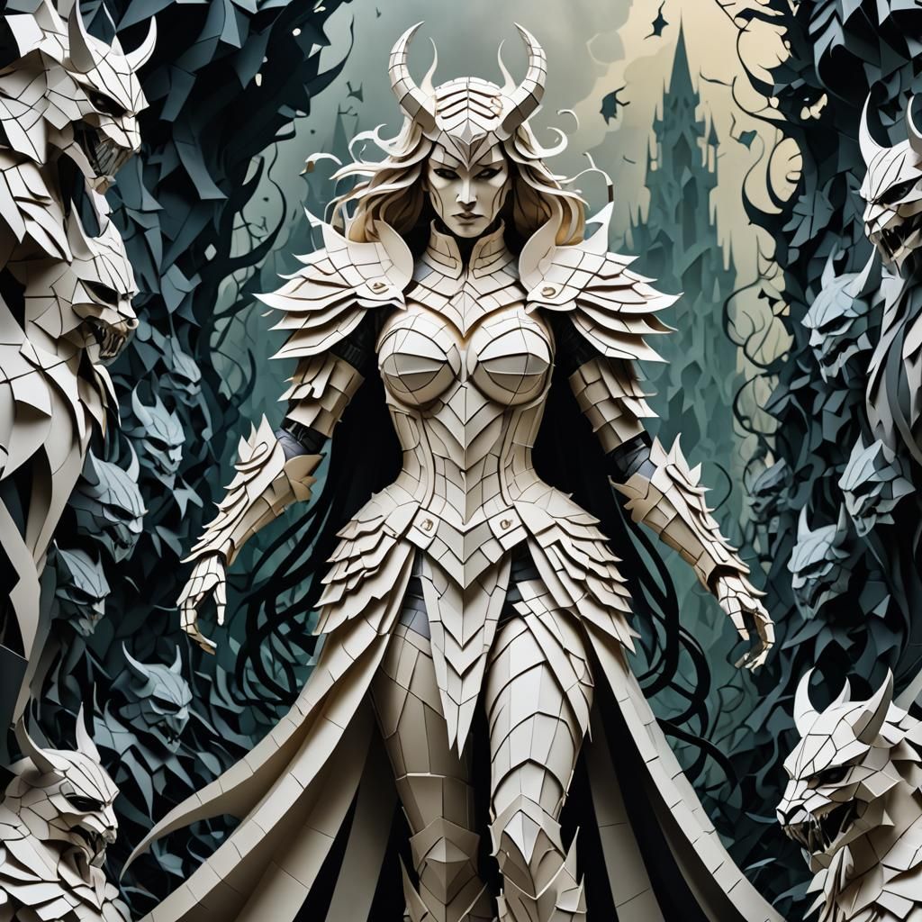 Woman Demon Knight in Stacked Papercut Style