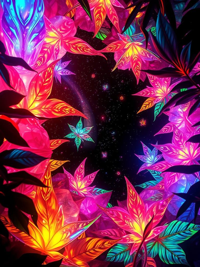 Iridescent Leaves Dance in Neon Cosmos